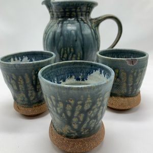 Handmade Drip Glazed Pottery Pitcher With 3 cups